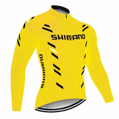 Mens Cycling Jersey Long Sleeve Bike Yellow Tops Bicycle Shirts Maillots Pocket - Image 1 of 4