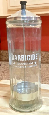 Tarro de vidrio desinfectante barbicida barberos vintage con tapa de metal e inserto Foto 1 de 4