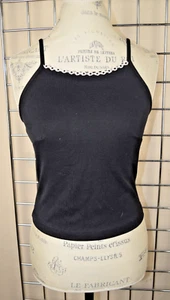 Tank Top VTG 80s Wild Cat Black White Daisy Trim Fitted Made USA Sz S/M - Picture 1 of 10