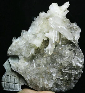 Muestra de calavera tallada a mano con punta de racimo de cristal de cuarzo transparente natural de 5,65 lb - Imagen 1 de 7