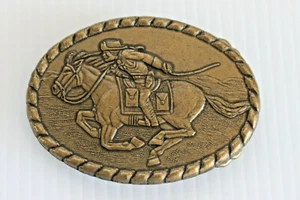Vintage Commemorative Brass Belt Buckle, Pony Express Rider, 1981 Mervyn's - Picture 1 of 6