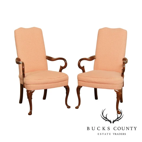 Queen Anne Style Pair Custom Upholstered Arm Chairs Cover