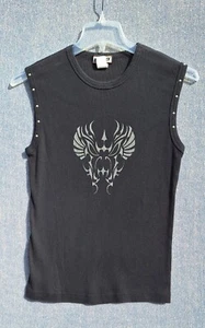 VTG 90s YMLA Mens Ribbed Tank SZ M Studded Black w/ Silver Graphic Rave Club USA - Picture 1 of 9