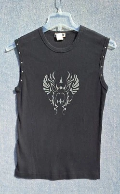 VTG 90s YMLA Mens Ribbed Tank SZ M Studded Black w/ Silver Graphic Rave Club USA - Image 1 of 4