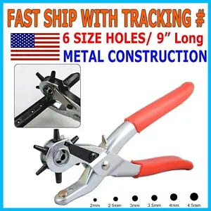 9" Leather Hole Punch Hand Pliers Belt Holes 6 Sized Puncher Heavy Duty Tool New - Picture 1 of 12