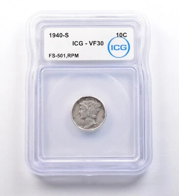 1940-S Mercury Dime FS-501 RPM VF30 ICG *9728 - Image 1 of 3