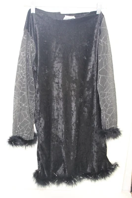 Vestido Bruja Negro Plateado Metálico Telarañas Borde de Plumas Disfraz de Halloween Foto 1 de 3