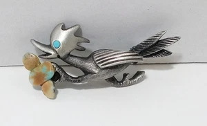 Vintage Brushed Pewter Turquoise Roadrunner Brooch Pin Southwestern Style - Picture 1 of 5