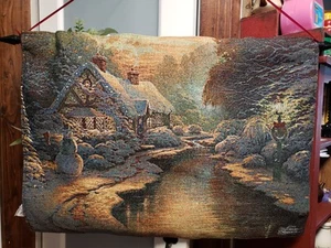 Thomas Kincade Christmas Evening Stillwater Cottage Wall Tapestry Lights 36" - Picture 1 of 10