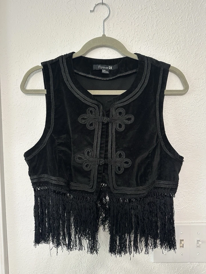 复古 Y2K Festival 波西米亚条纹嬉皮背心 Forever 21 中号黑色 — 第 1/4 张图片
