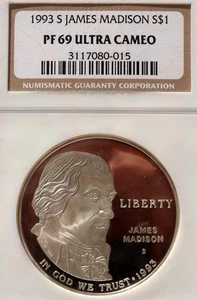 USA James Madison 1993-S Commemorative Silver Dollar NGC PF69UCAM - Picture 1 of 2