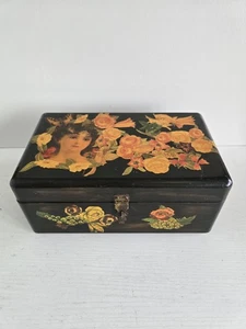 Antique Wood Vanity Box Old Painted Roses Flowers Vintage 24cm X 11cm  - Foto 1 di 11
