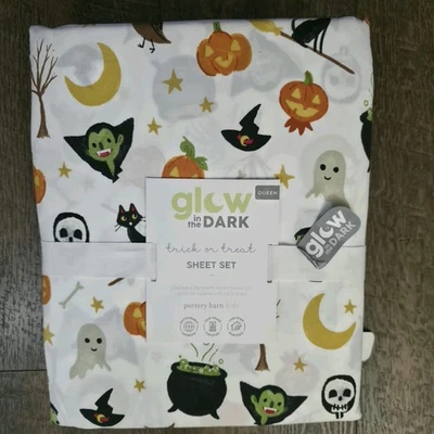 Pottery Barn Teen Trick-or-Treat Glow-in-the-Dark Sheet Set Queen New - Image 1 of 3