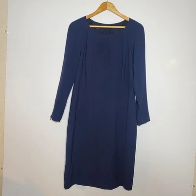 Lafayette 148 NY Sheath Dress Armada Navy Blue Leather Trim Size 12 Excellent  - Image 1 of 4