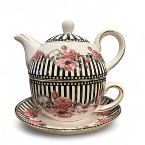Park Chateau "Nuevo té gótico para 1" juego de té calaveras rosas rayas - Imagen 1 de 5