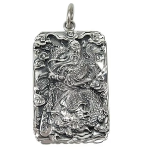 S999 Fine Silver Guan Yu Pendant Chinese Warrior God Dragon Amulet Tag Gift - Picture 1 of 4