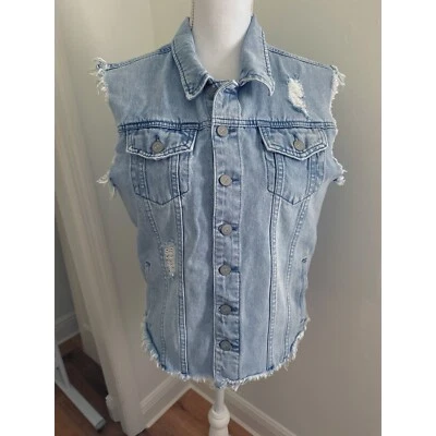 Chaleco de mezclilla Karen Kane para mujer desgastado corte azul 100 % algodón talla mediana Foto 1 de 4