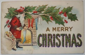 Vintage Postcard Santa Filling Stockings Embossed AA94 - Picture 1 of 2