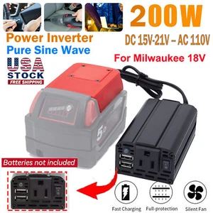200W 110V Power Supply Inverter For Milwaukee 18V Battery w/AC Outlet&2 USB US - Picture 1 of 12