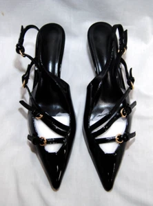 Womens Patent Leather Pointed Toe 3 Buckle Straps Slingback Kitten Heels   T2362 - Picture 1 of 20