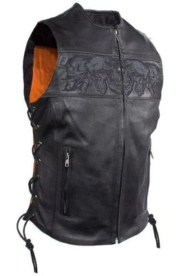 MOTORCYCLE RIDERS LADIES SKULL LEATHER ZIPPER VEST WITH LACES & 2 GUN POCKETS  - Image 1 of 4