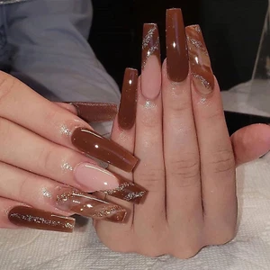 Coffin Press on Nails Long Fake Nails Glossy Glue Nails Brown Fall Acrylic Nails - Picture 1 of 12