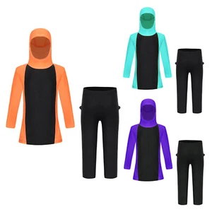 Kids Girl's Swimwear Rash Guard Hooded Shirt With Trousers Sports Swimsuit Surf - Picture 1 of 48