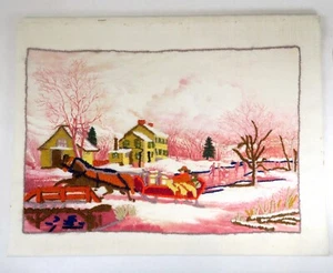 Winter Scene Crewel Embroidery Vintage Unfinished 9.5x14" Needlework Art - Picture 1 of 6