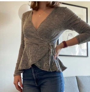 CAUTION TO THE WIND Womens  V Neck Top Vertical Stripe Side Tie U Small - Picture 1 of 6