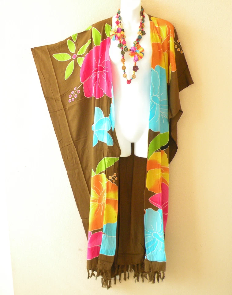 CD483 Brown Floral Kaftan Hand Painted Batik Plus Duster Maxi Cardigan up to 5X - Image 1 of 1