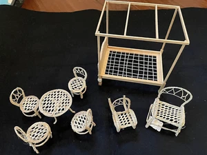 Antique Dollhouse BED, TABLE & Chairs Wood Miniature Furniture Set of 7 RARE! - Picture 1 of 9