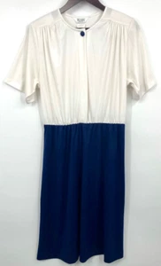 80's Vintage BLAIR Boutique Navy White Solid Midi Secretary Dress 16 - USA - Picture 1 of 10