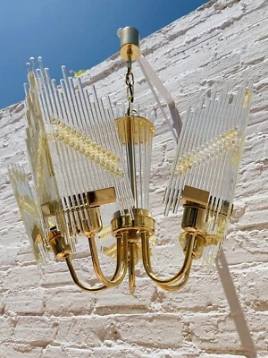 28" x 23" Vintage Mid Century Sciolari Style Brass Glass Chandelier Italian Gold - Image 1 of 4