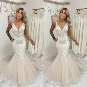 Sexy Mermaid Wedding Dresses Spaghetti Straps V Neck Lace Beach Bridal Gown - Picture 1 of 9