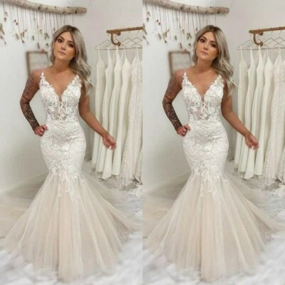 Sexy Mermaid Wedding Dresses Spaghetti Straps V Neck Lace Beach Bridal Gown - Image 1 of 4