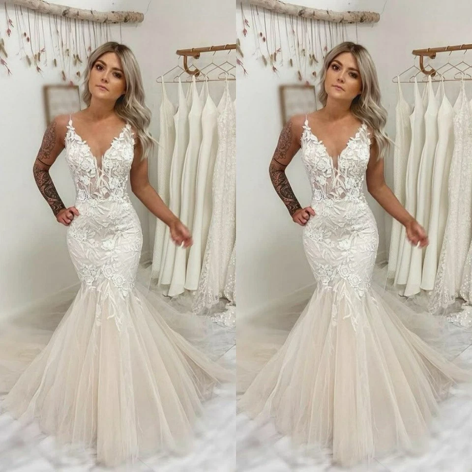 Sexy Mermaid Wedding Dresses Spaghetti Straps V Neck Lace Beach Bridal Gown - Image 1 of 4