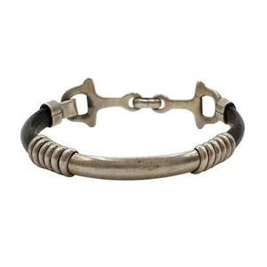 Taxco Sterling Silver Bracelet Horse Bit Clasp Leather Bangle 90s Rocker TV-100 - Picture 1 of 12