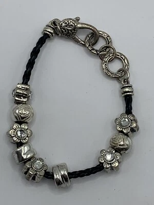 Floral Rhinestone Charm Bracelet Silver Tone 7” - Image 1 of 4