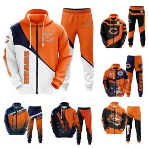 Chicago Bears 2PCS Tracksuit Zip Up Hoodie Sweatshirts Sweatpants Outfits Gifts