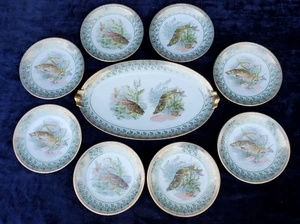 Antike Limoges handbemalte Fischplatte & Speiseteller 9 teiliges Set - Bild 1 von 12