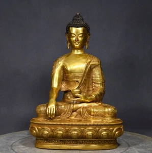 12" Antique Tibet Tibetan Buddhism Temple Bronze Gilt Shakyamuni Buddha Statue - Picture 1 of 12