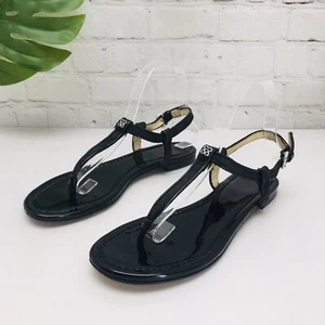 Coach Thong Sandals Women's Size 8 B Black Patent Leather Monogram T-Strappy - Picture 1 of 14