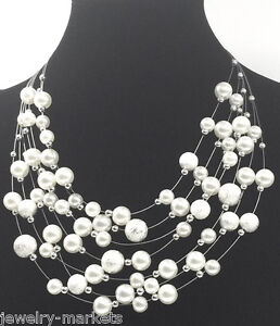 Womens Lady Multilayer Pearl Necklace Bib Choker Statement Pendant Chain Jewelry