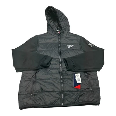 全新带标签 男式 Reebok Puffer 夹克 外套 连帽衫 防风 防水 黑色 L 码 — 第 1/4 张图片