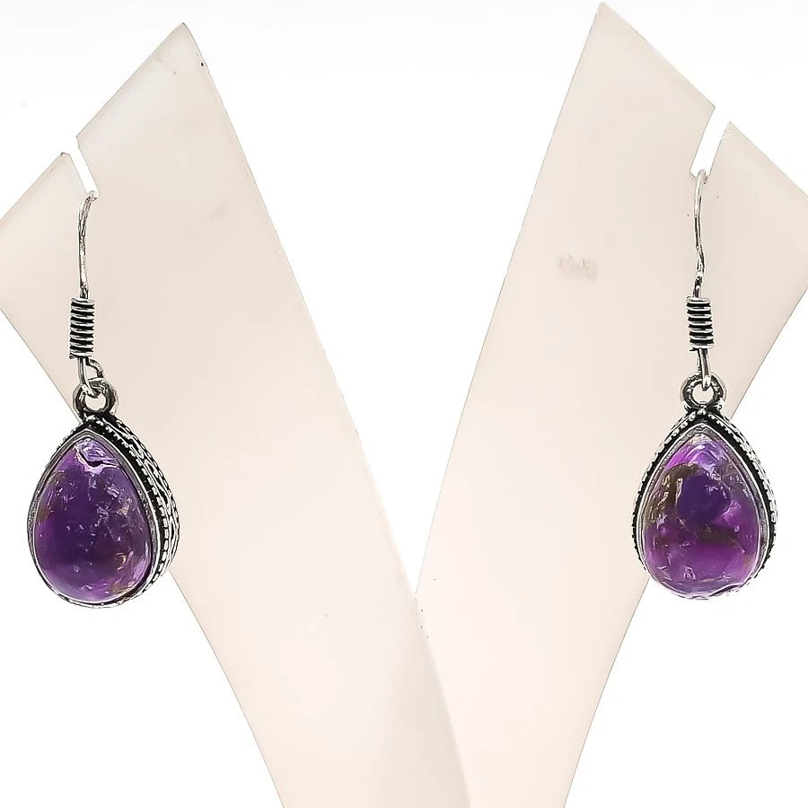 Natural Copper Turquoise Gemstone 925 Sterling Silver Jewelry Earring Size 1.4" - Image 1 of 1