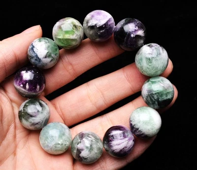 18.4mm Natural Watermelon Feather  Fluorite Quartz Gemstone Round Beads Bracelet - Image 1 of 4