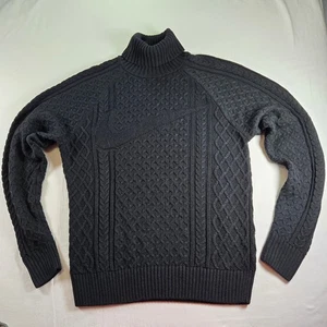 Nike Life Mens XS Black Wool Blend Cable Knit Turtleneck Sweater Swoosh Logo - Picture 1 of 10