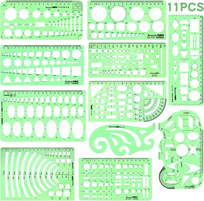 11PCS Geometric Drawings Templates, Drafting Stencils Measuring Tools, Transpare - Image 1 of 4