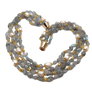 19.5" Natural 4 Strands Labradorite Cultured White Rice Pearl Necklace - Picture 1 of 7