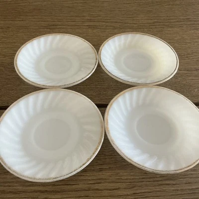 Set of 4 Anchor Hocking Fire-King Milk Glass Swirl White Gold Saucers-Made In US - Image 1 of 4